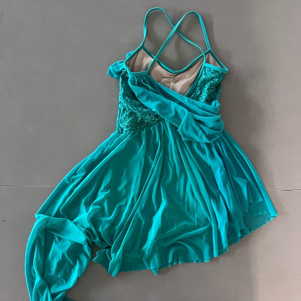 Women’s Teal Mesh Draped Sequin Asymmetrical Dress Dance Costume Weissman Adult - Picture 4 of 4